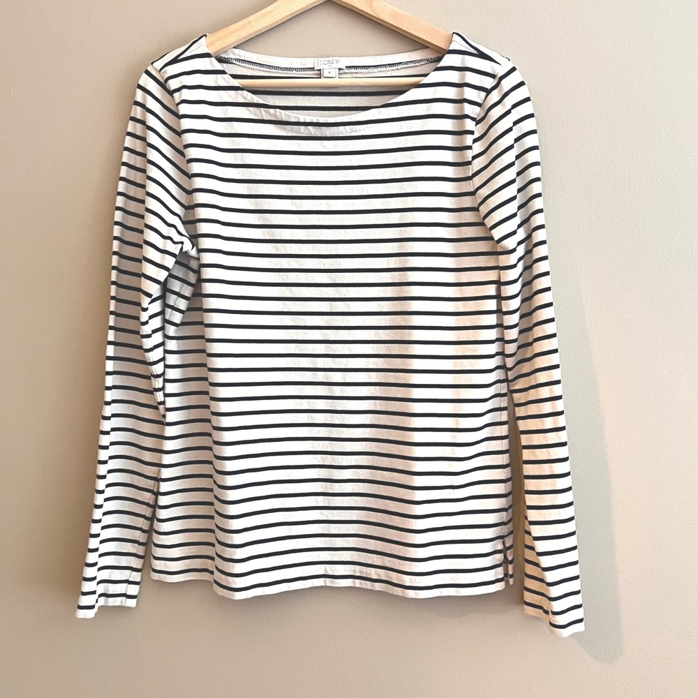 J.Crew Womens Navy Ivory Striped Boatneck Long Sleeve Cotton Top B8722 M